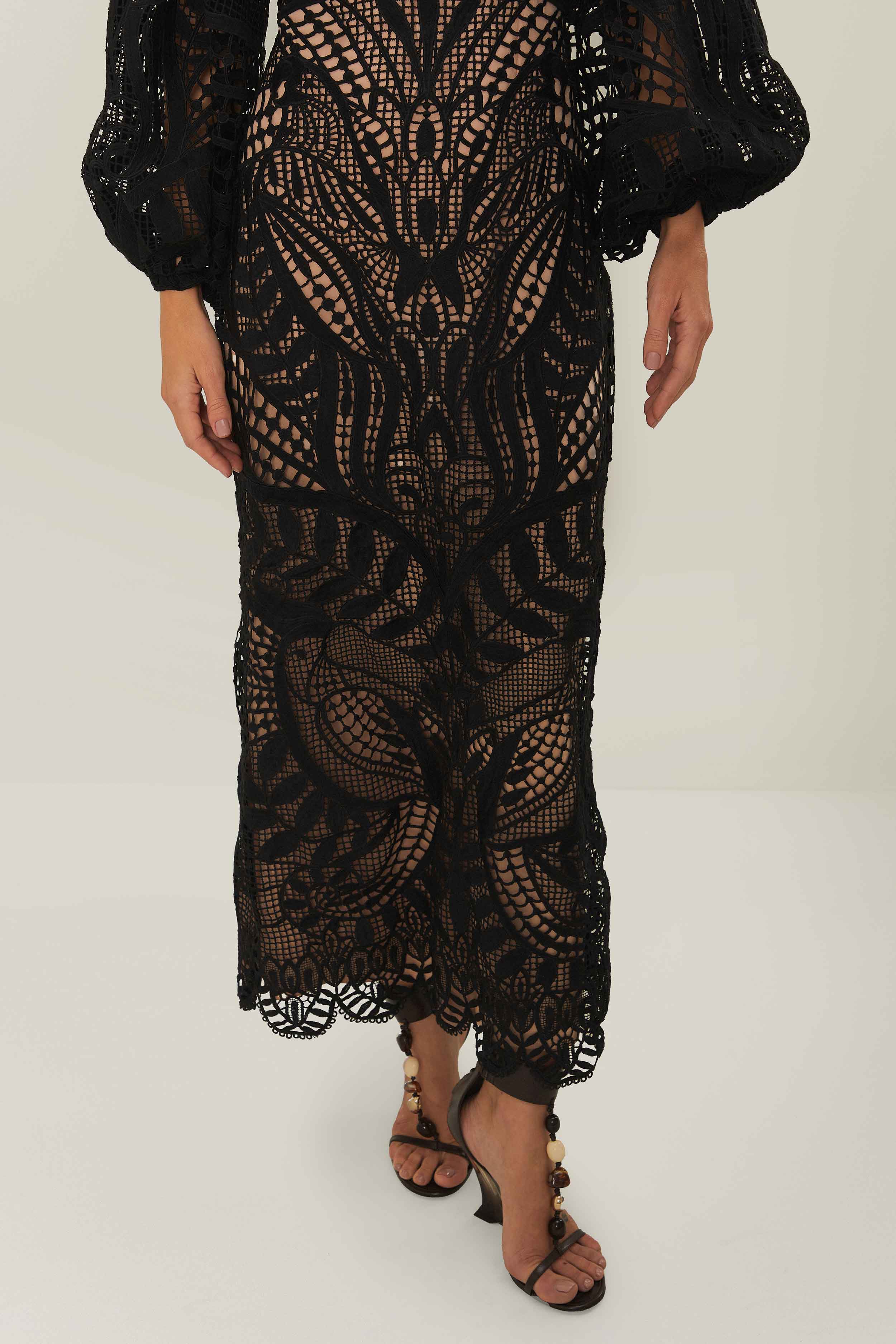 DRESSES/JUMPSUITS Nature Guipure Midi Dress in Black Farm Rio