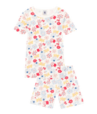 CHILDREN'S APPAREL Short Sleeve Floral Pajama Set in White Petit Bateau