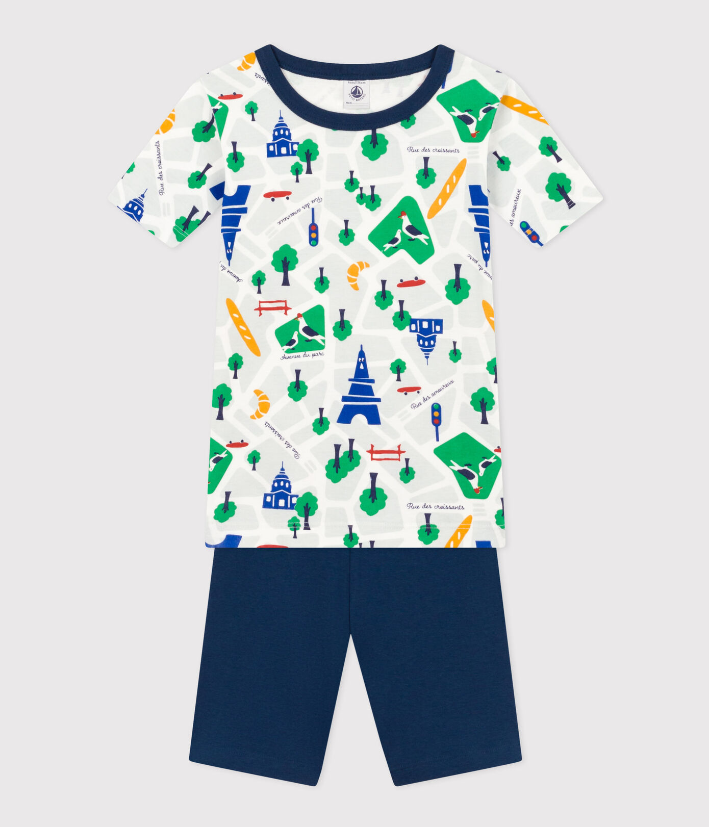 CHILDREN'S APPAREL Short Sleeve Paris Print Pajama Set in Navy Petit Bateau