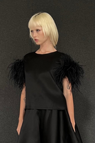 Tops Louiza Babouryan Satin Top with Feathers in Black Louiza Babouryan