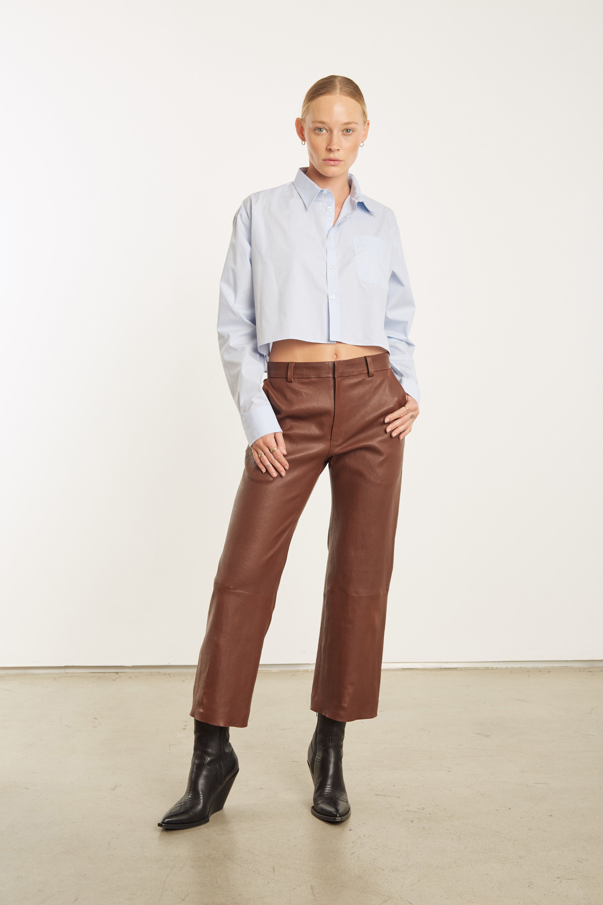 Leather Pants SPRWMN Cropped Baggy Low Rise Trousers in Whiskey Sprwmn