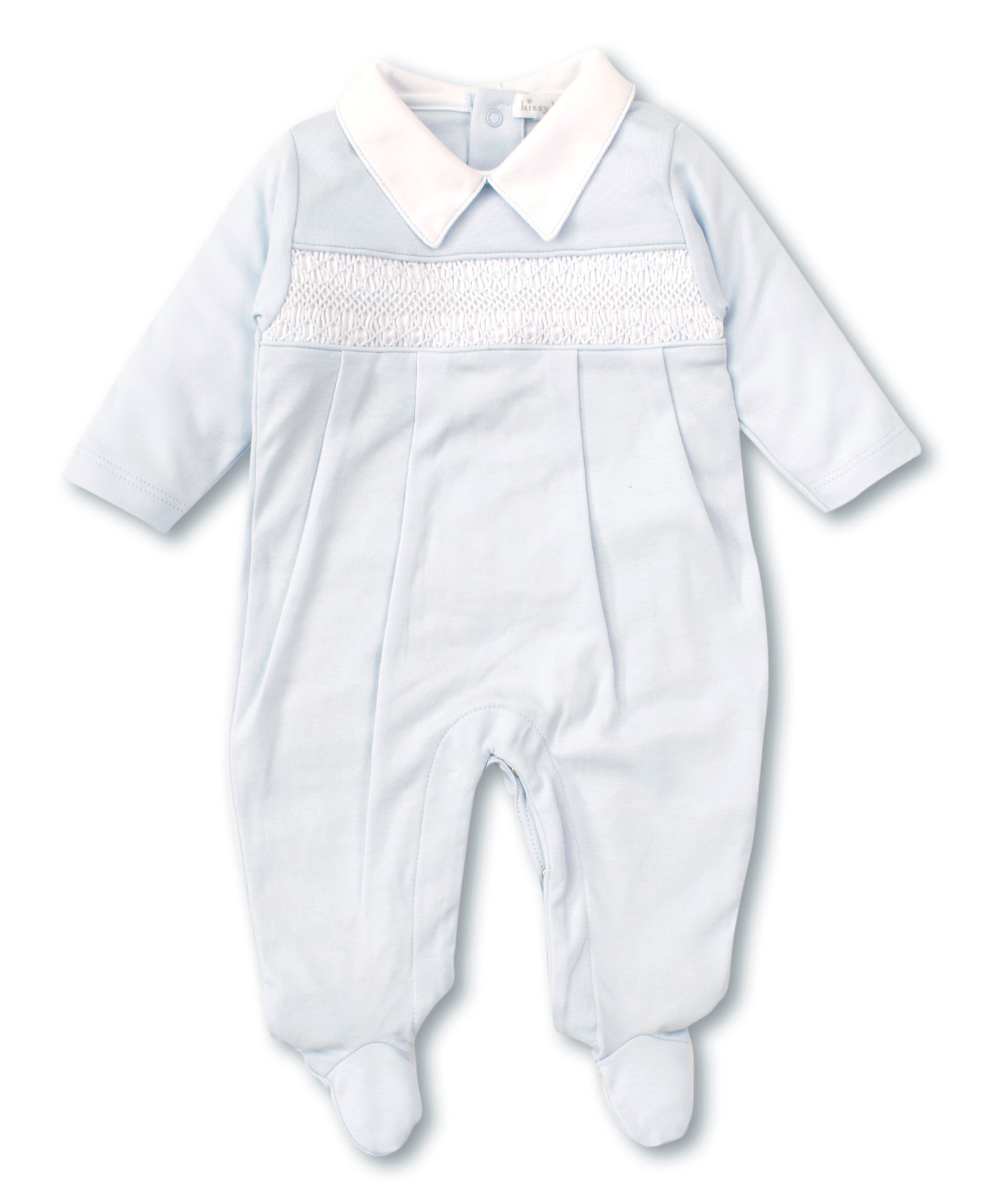 CHILDREN'S APPAREL Smocked Collar Footie Onesie in Blue Kissy Kissy