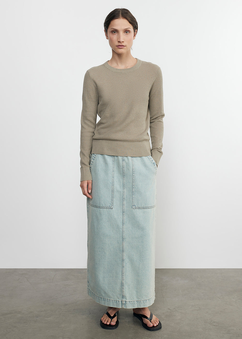 SWEATERS LINEN OPEN KNIT CREWNECK IN ASH Enza Costa