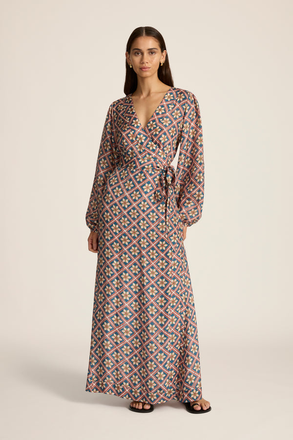 DRESSES/JUMPSUITS Luna Maxi Wrap Dress in Talavera Indigo Hannah Artwear