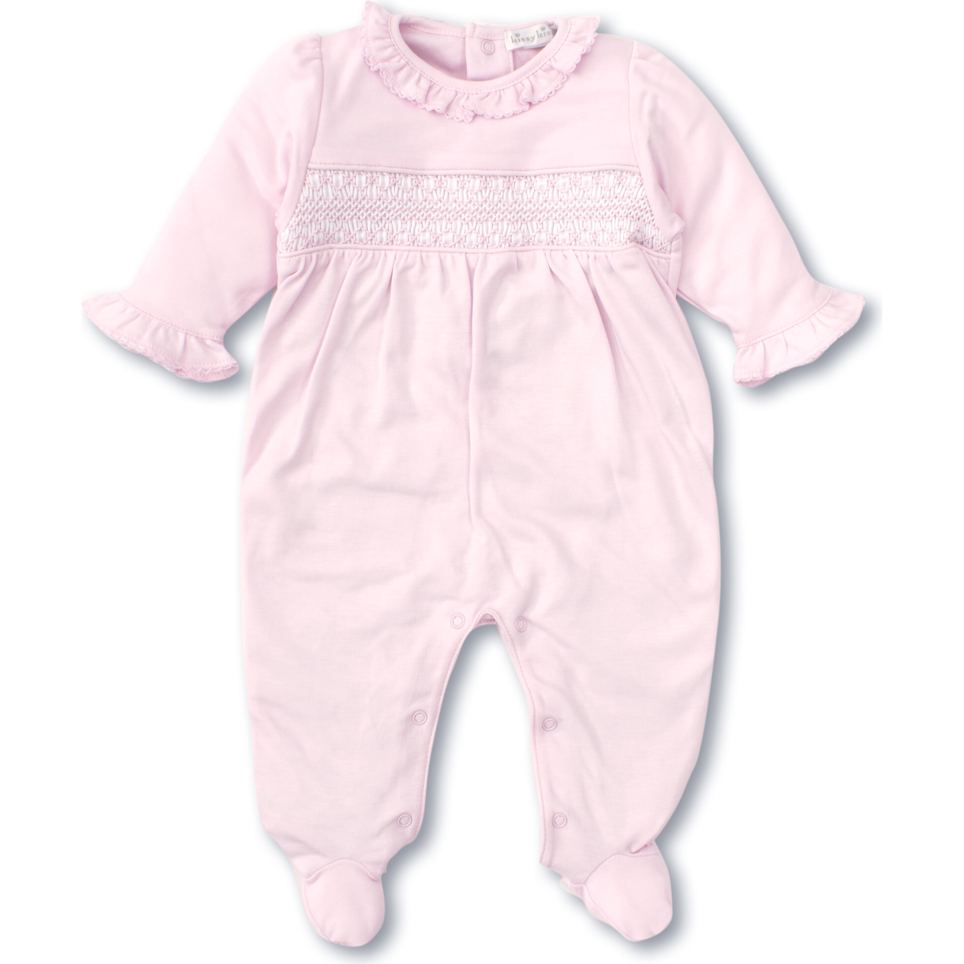 CHILDREN'S APPAREL Smocked Footie Onesie in Pink Kissy Kissy