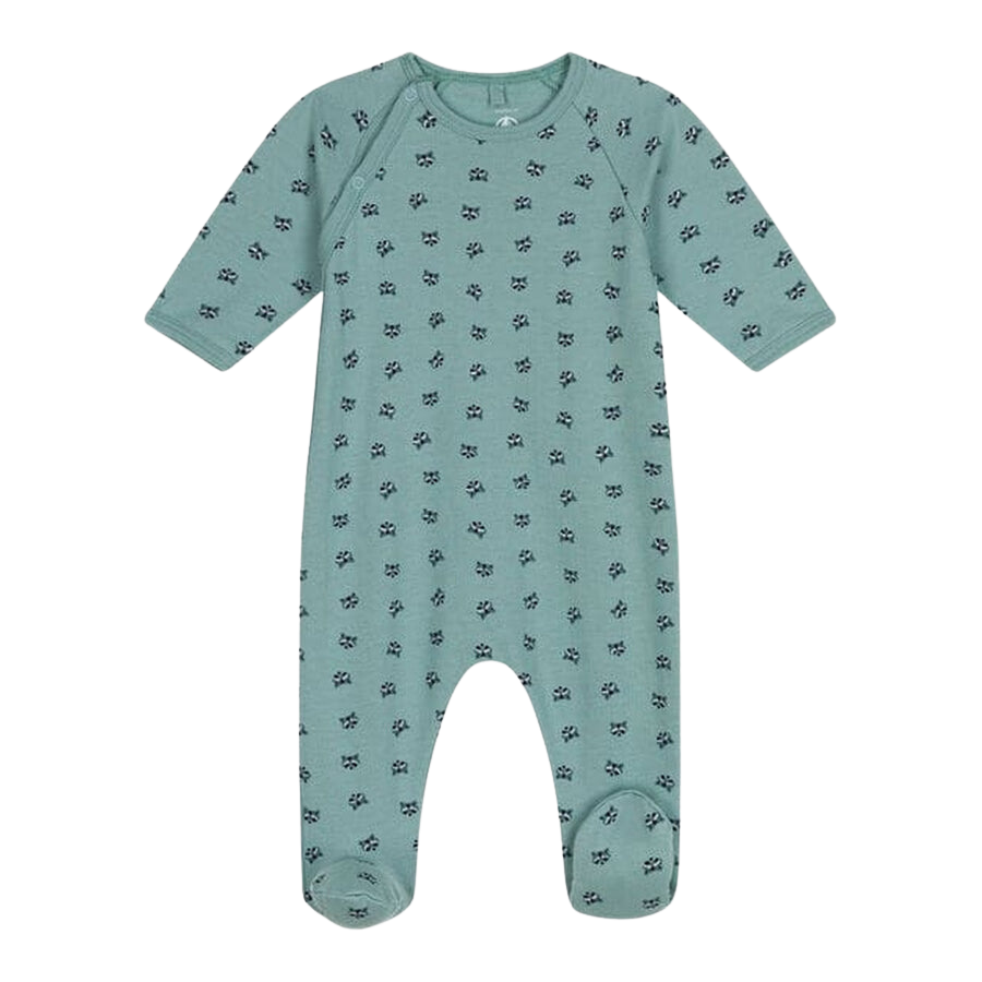 CHILDREN'S APPAREL Snap Raccoon Onesie in Green Petit Bateau