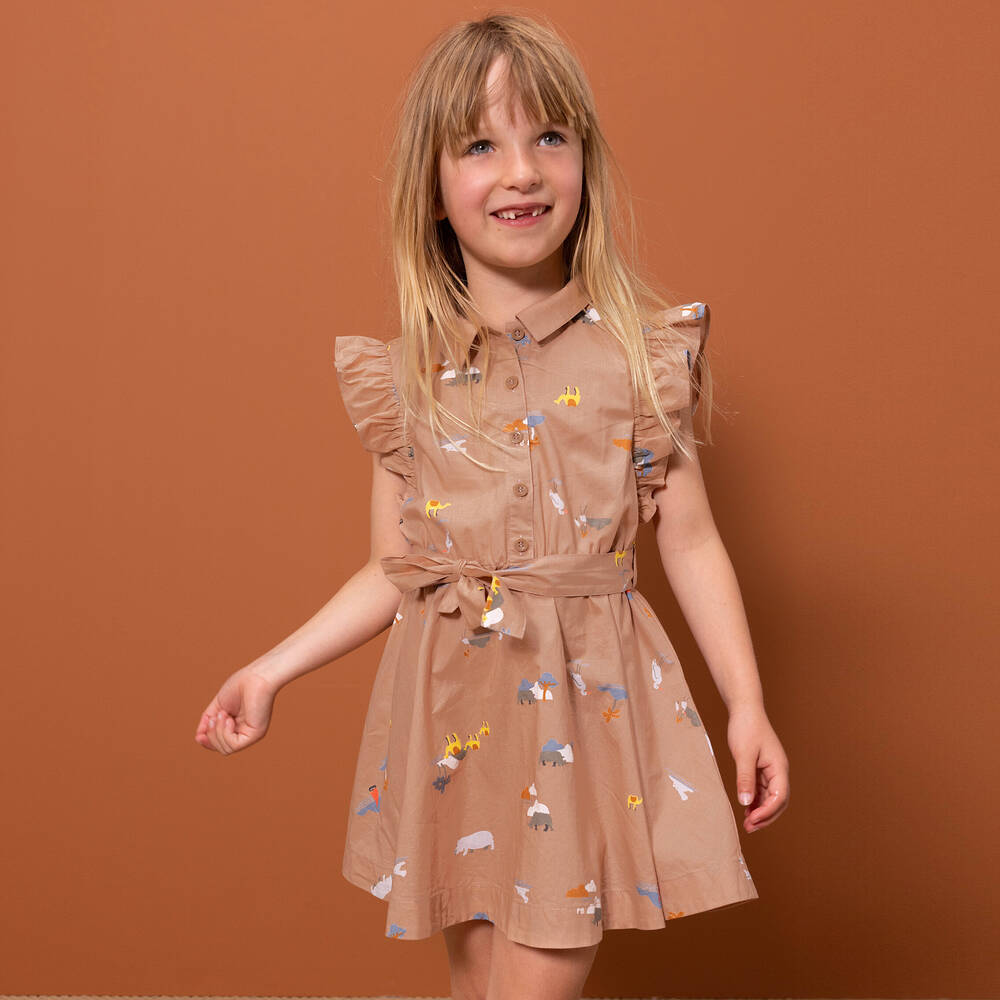 CHILDREN'S APPAREL Girls Sleeveless Belted Safari Dress in Caramel Petit Bateau